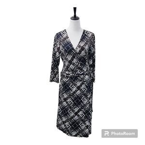 BCBGMaxazria Faux Wrap Print Dress Surplice Hem Side Tie Stretch Career Size L